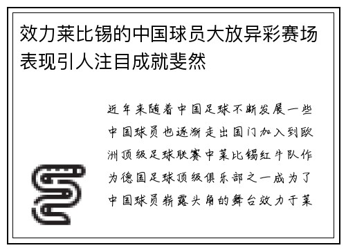 效力莱比锡的中国球员大放异彩赛场表现引人注目成就斐然