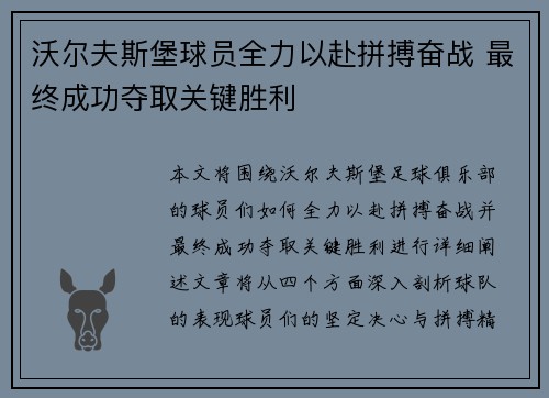 沃尔夫斯堡球员全力以赴拼搏奋战 最终成功夺取关键胜利
