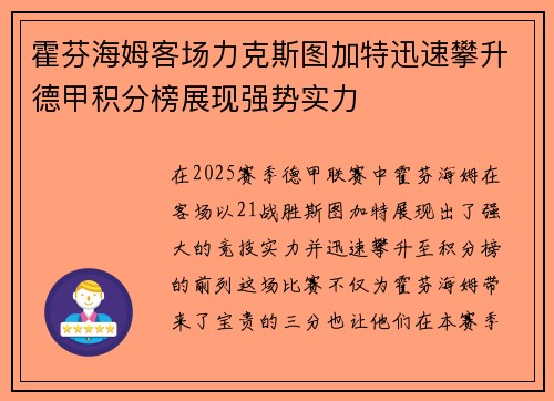 霍芬海姆客场力克斯图加特迅速攀升德甲积分榜展现强势实力