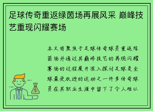 足球传奇重返绿茵场再展风采 巅峰技艺重现闪耀赛场